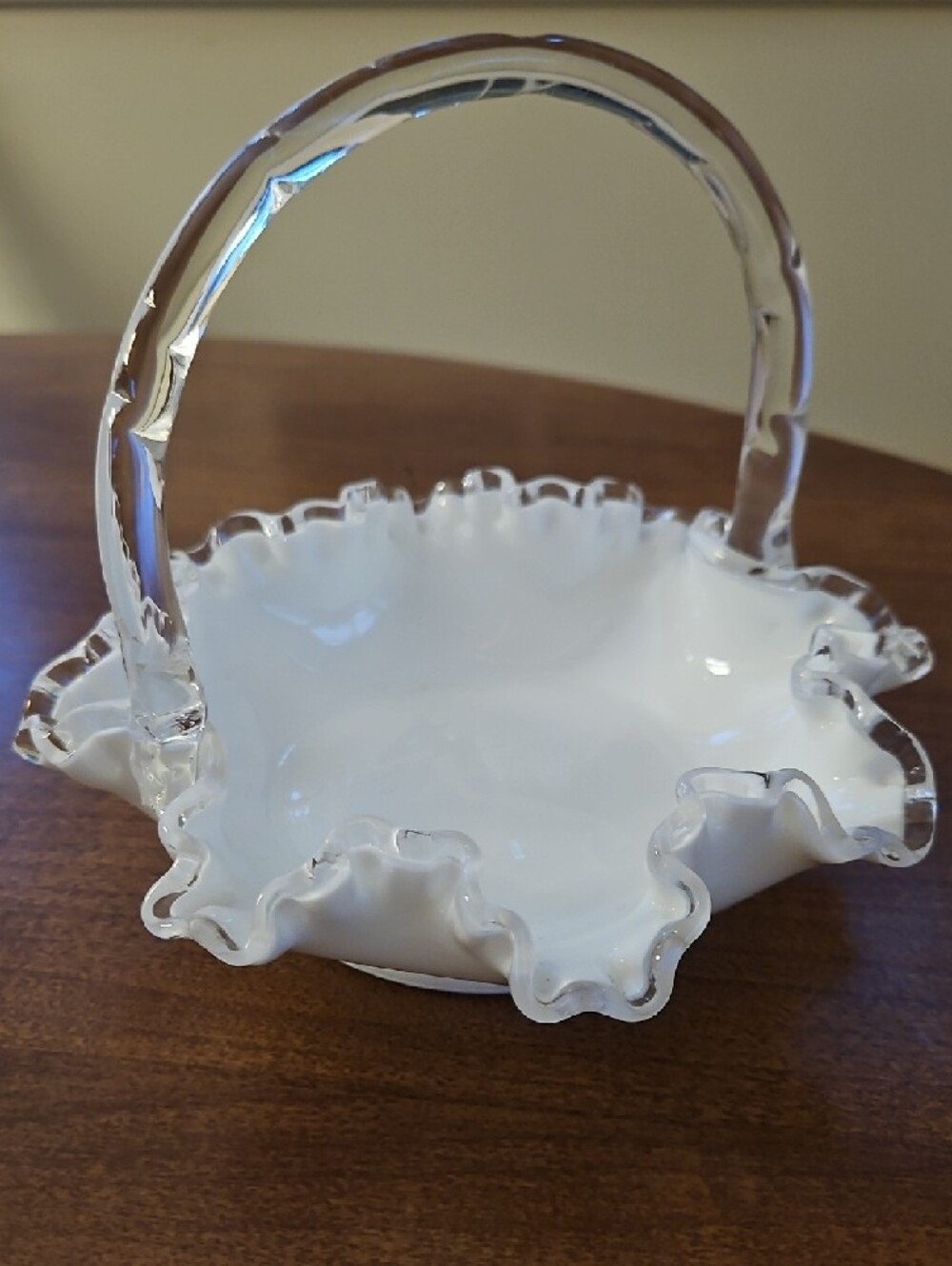 Fenton Silvercrest White Milk Glass Ruffled Edge Basket with Clear Handle - Picture 7 of 7